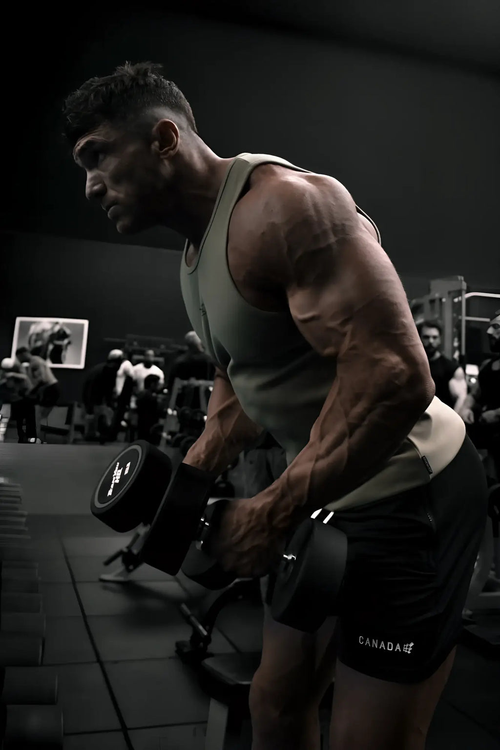 A muscular man wearing a khaki ribbed muscle tank top holding black dumbbells with Canada black shorts
