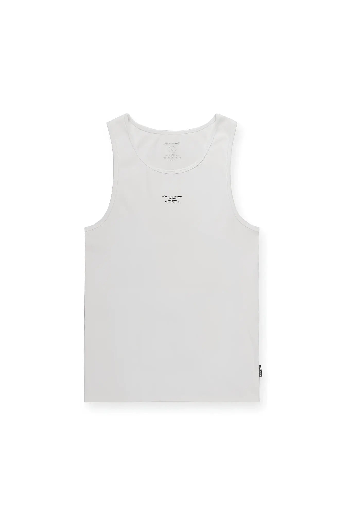 White ribbed muscle tank top with sleeveless design and minimalist black text featuring a small side tag