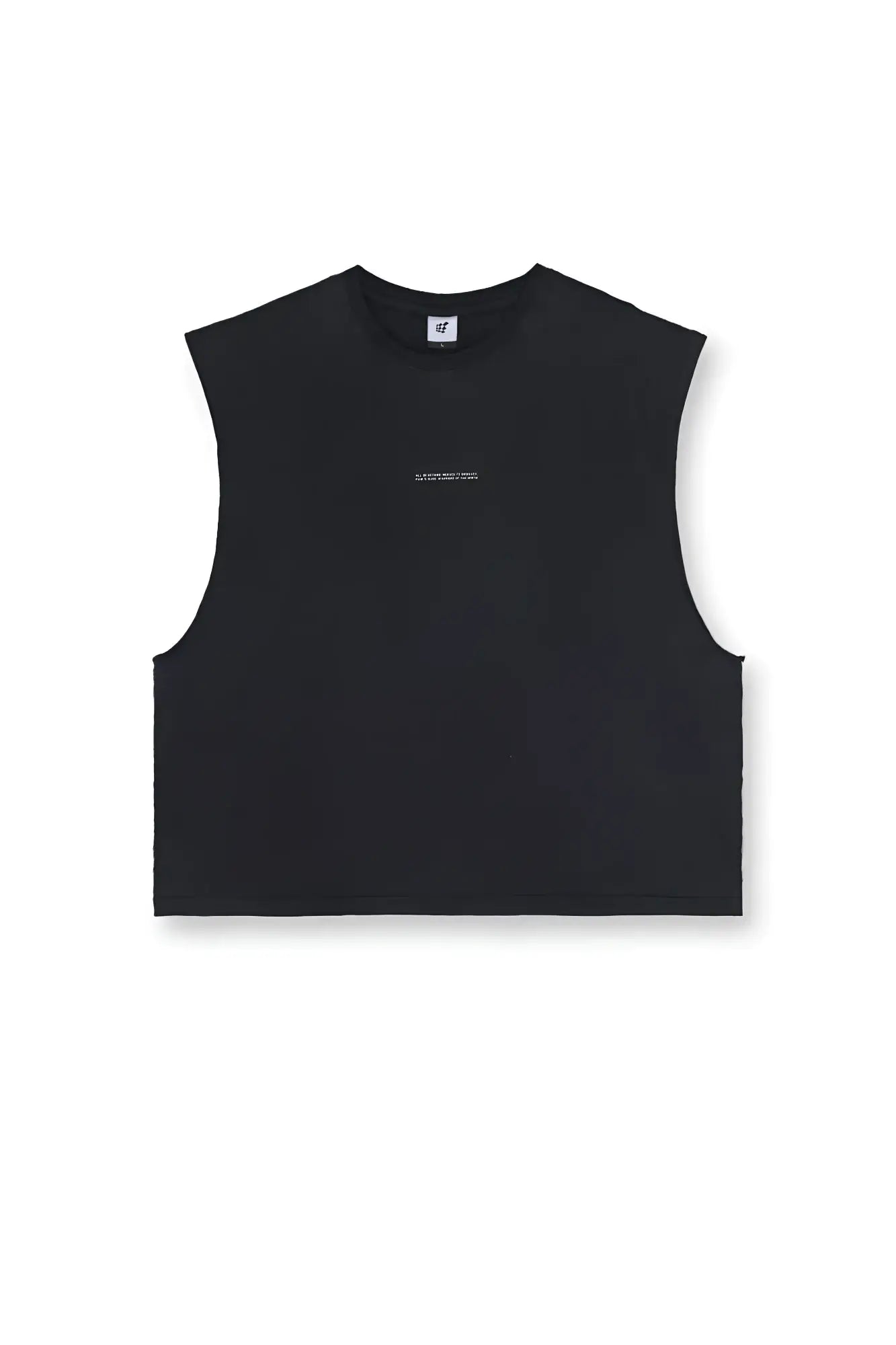 Jed North sleeveless box cut tank top in black with minimalist design and subtle white branding on the chest