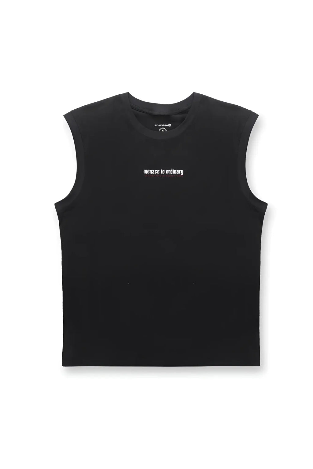 Jed North sleeveless muscle tee black featuring a subtle white and pink text print on the chest in cotton fabric
