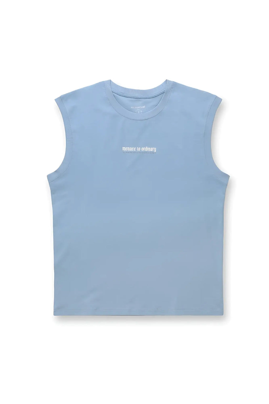 Light blue Jed North sleeveless muscle tee with subtle white embroidered phrase across the chest