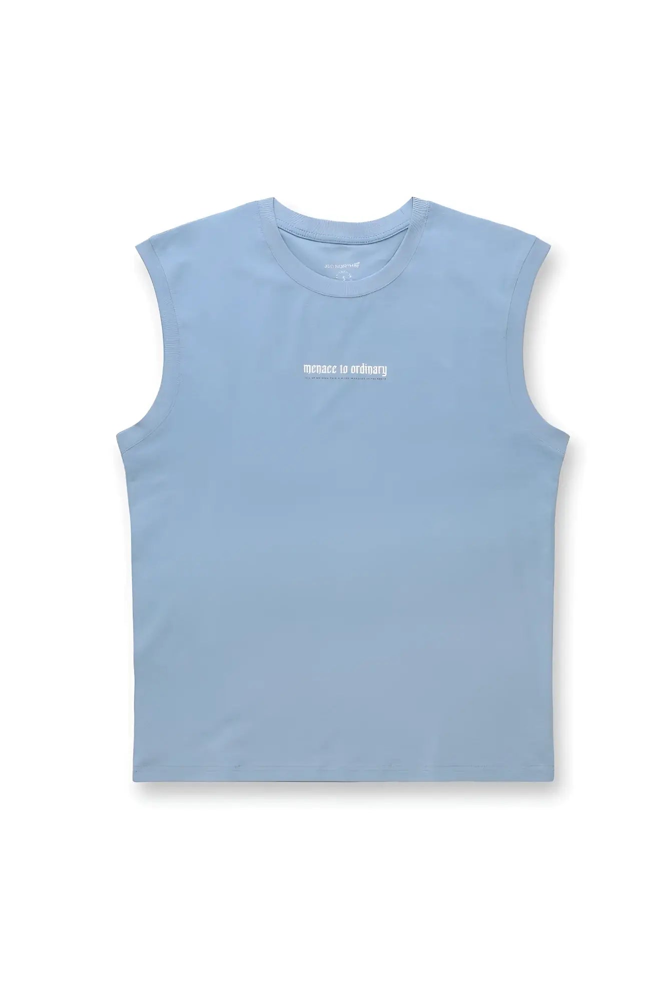 Light blue Jed North sleeveless muscle tee with subtle white embroidered phrase across the chest