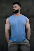 Light blue sleeveless muscle tee by jed north featuring white chest text perfect for workouts or casual wear
