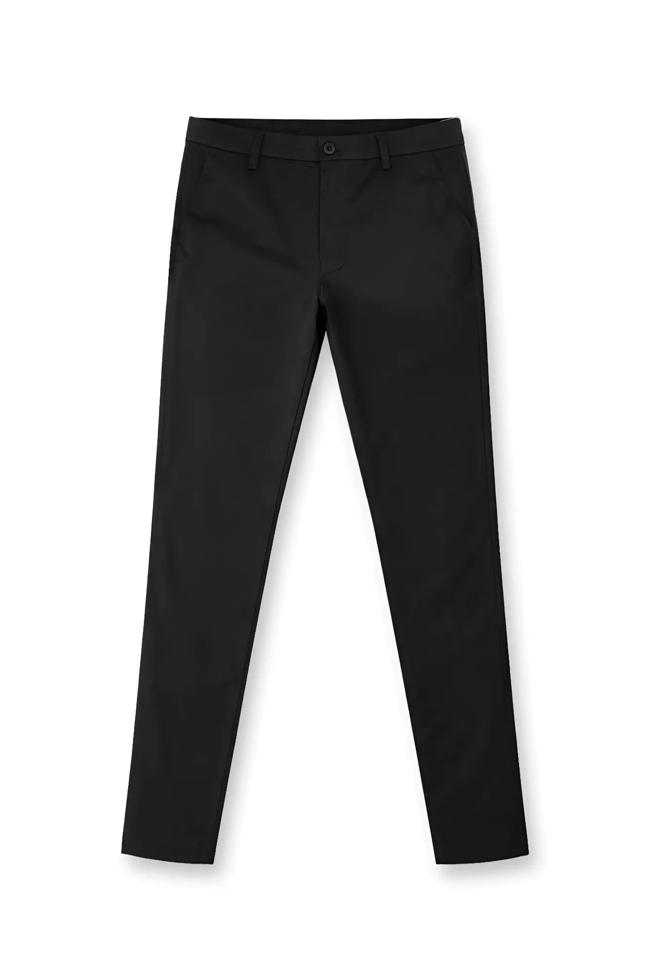 Black smart casual chino pants with slim-fit tailored design and subtle stitching details for versatile wear