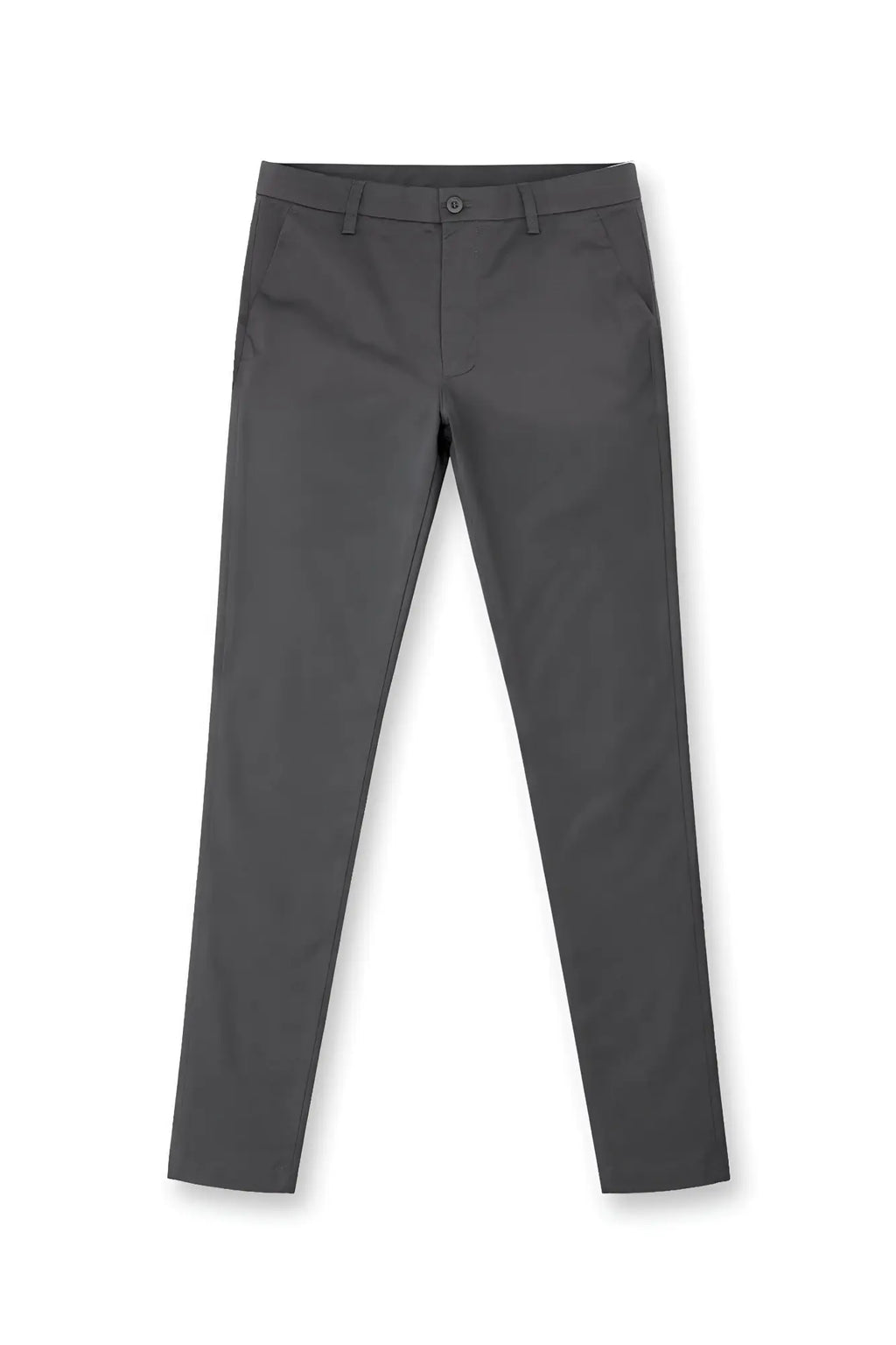 Dark gray slim-fit smart casual chino pants with clean tailored design and subtle stitching details
