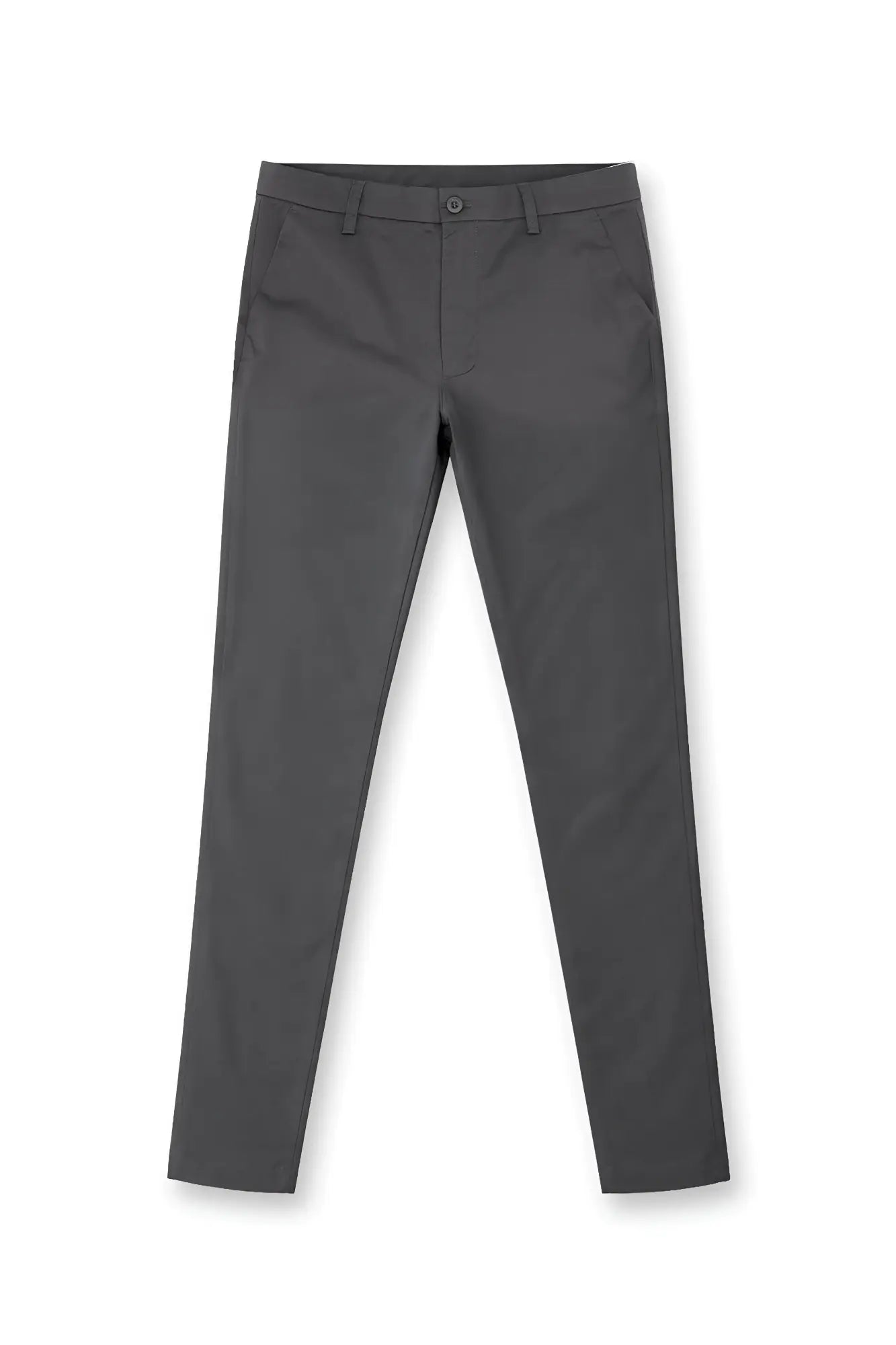 Dark gray slim-fit smart casual chino pants with clean tailored design and subtle stitching details