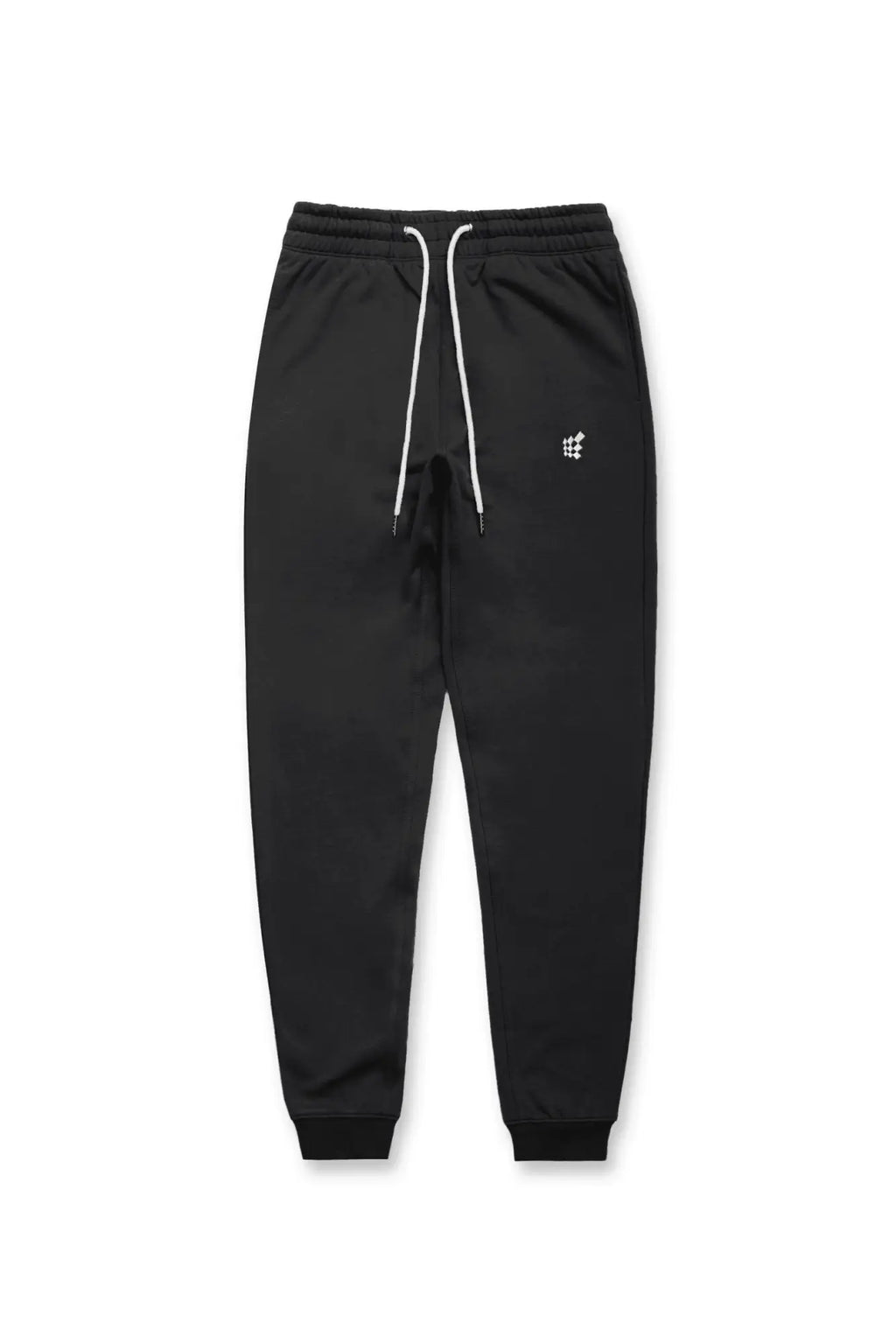 Black spirit joggers with white drawstrings and small embroidered logo on the thigh in comfortable cotton blend material