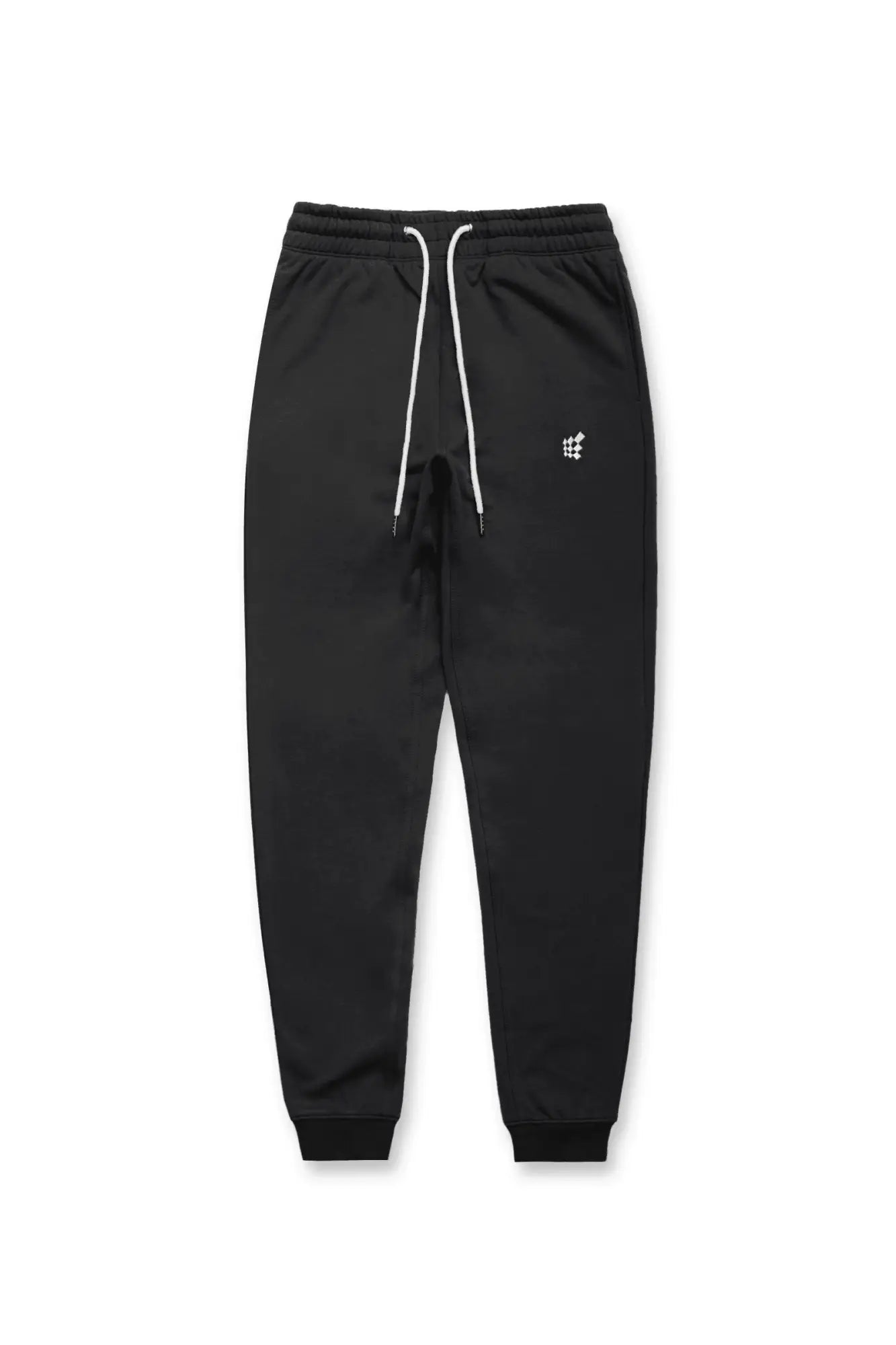 Black spirit joggers with white drawstrings and small embroidered logo on the thigh in comfortable cotton blend material