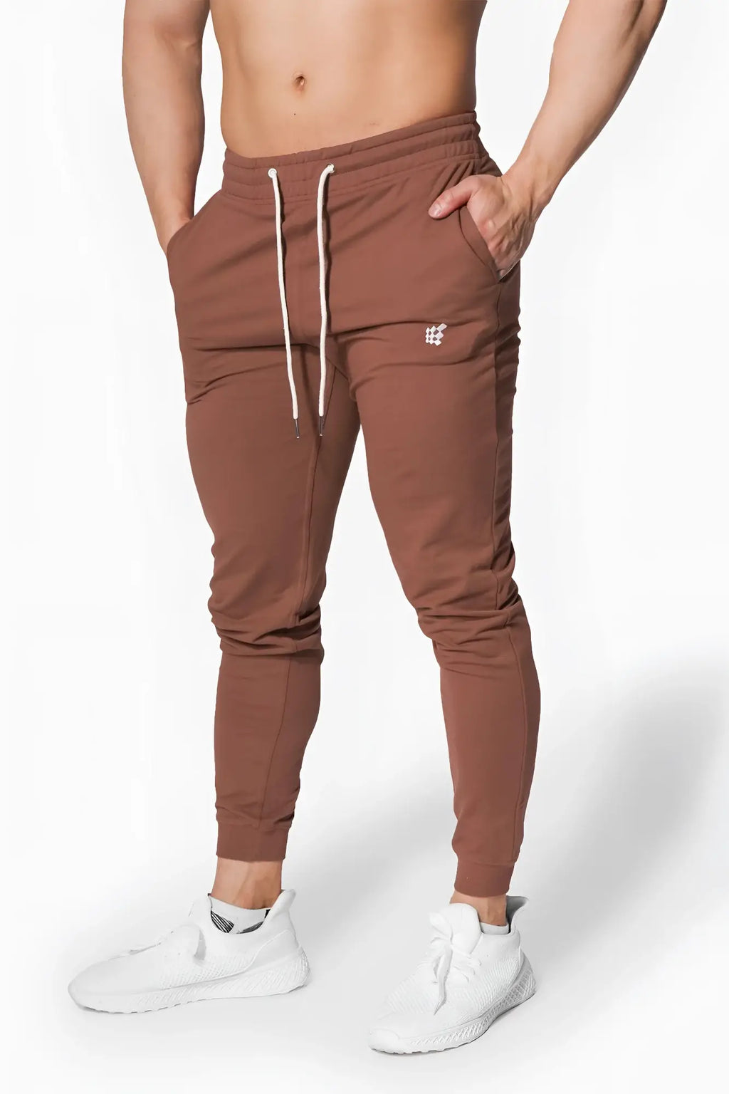 Jed North Spirit joggers in brown with white drawstrings and small logo on thigh designed for athletic wear