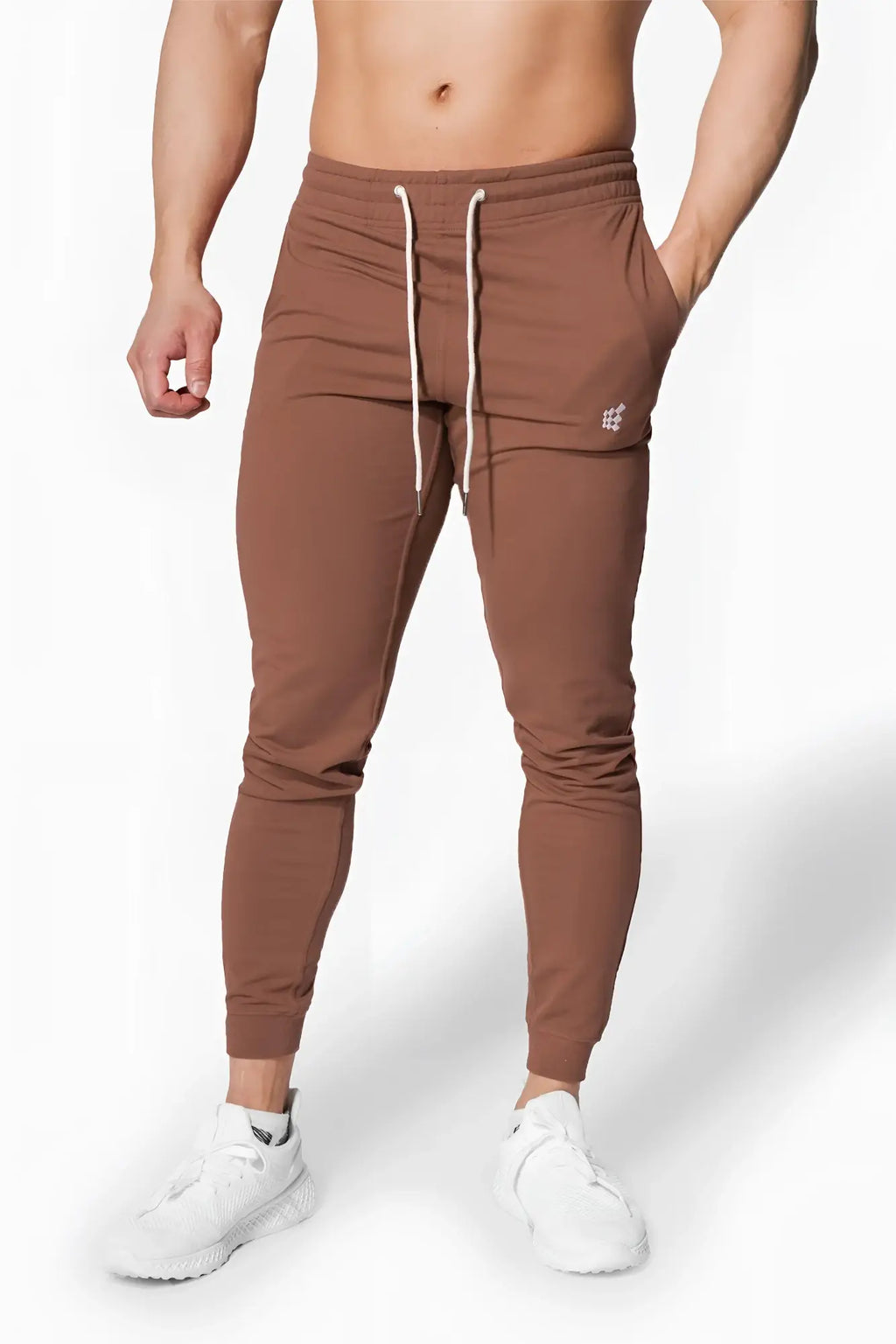 Jed North Spirit joggers in brown featuring white drawstrings and a small embroidered logo on the thigh