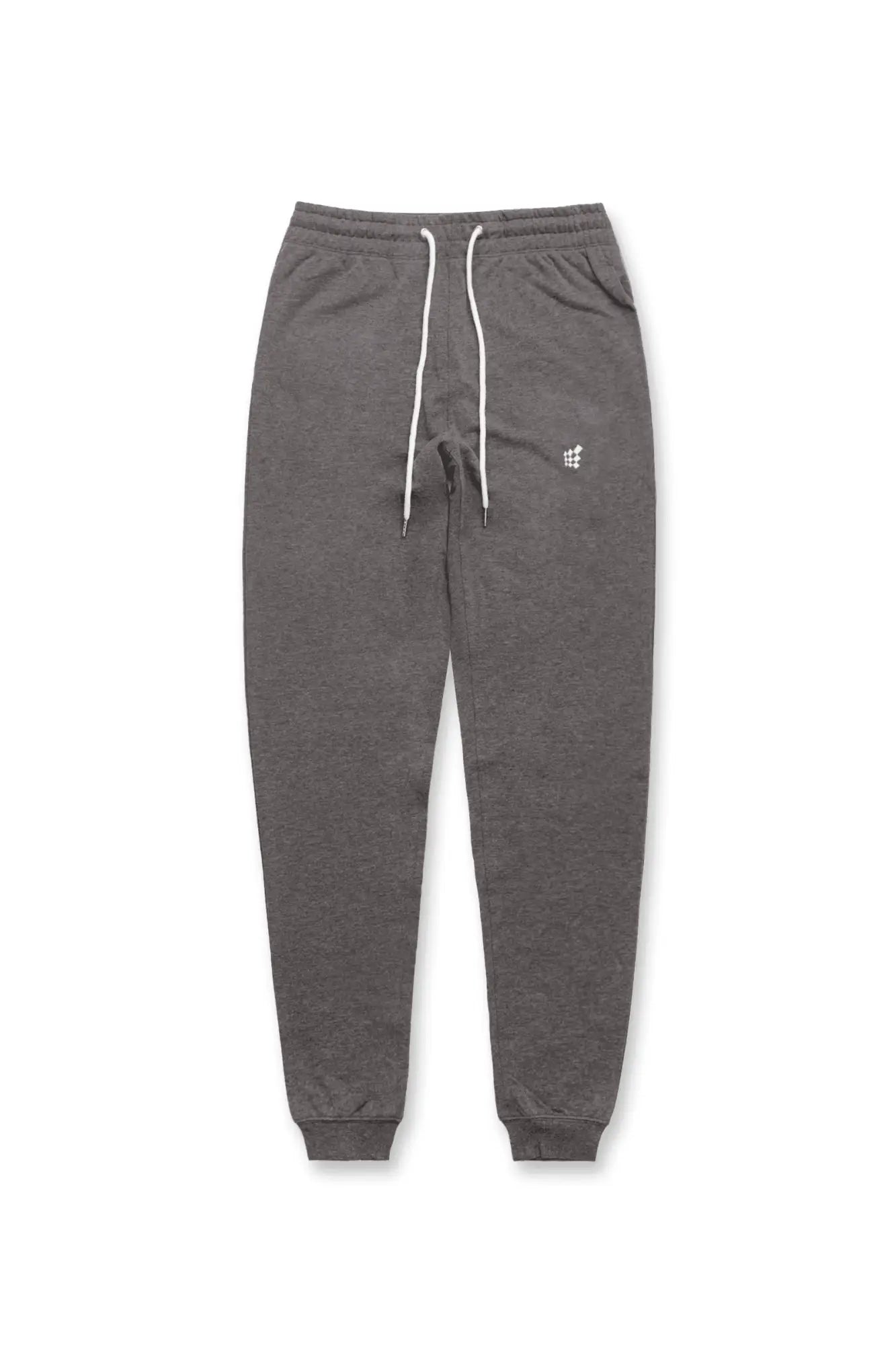 Spirit joggers dark gray heathered sweatpants with white drawstrings and small embroidered logo on left thigh
