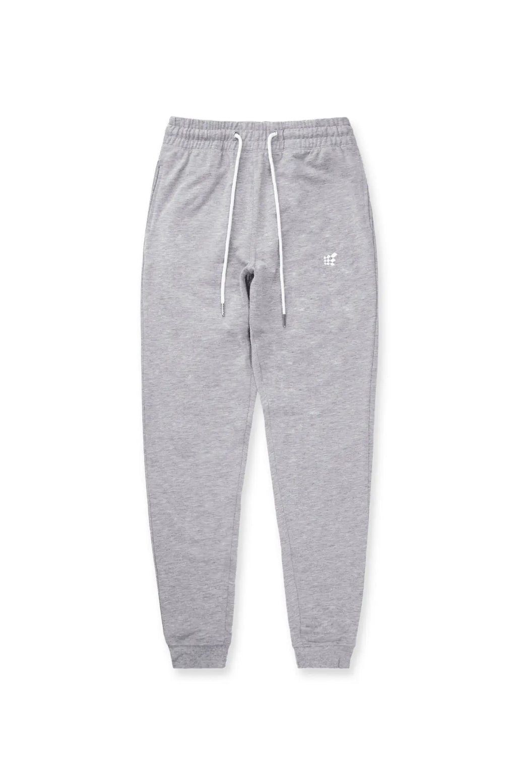 Gray spirit joggers featuring white drawstrings and a small embroidered logo on the thigh in soft heather fabric