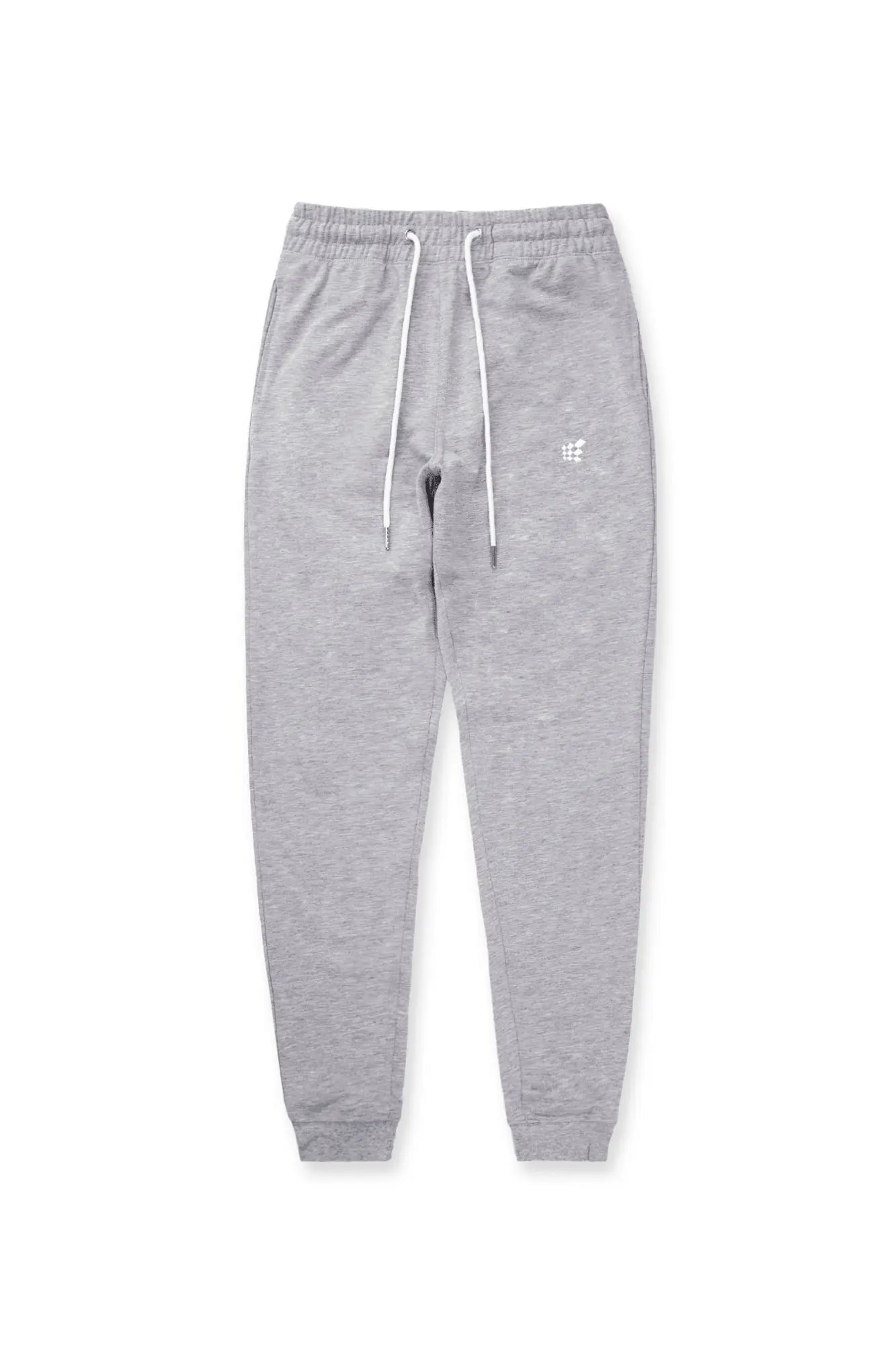Gray spirit joggers featuring white drawstrings and a small embroidered logo on the thigh in soft heather fabric
