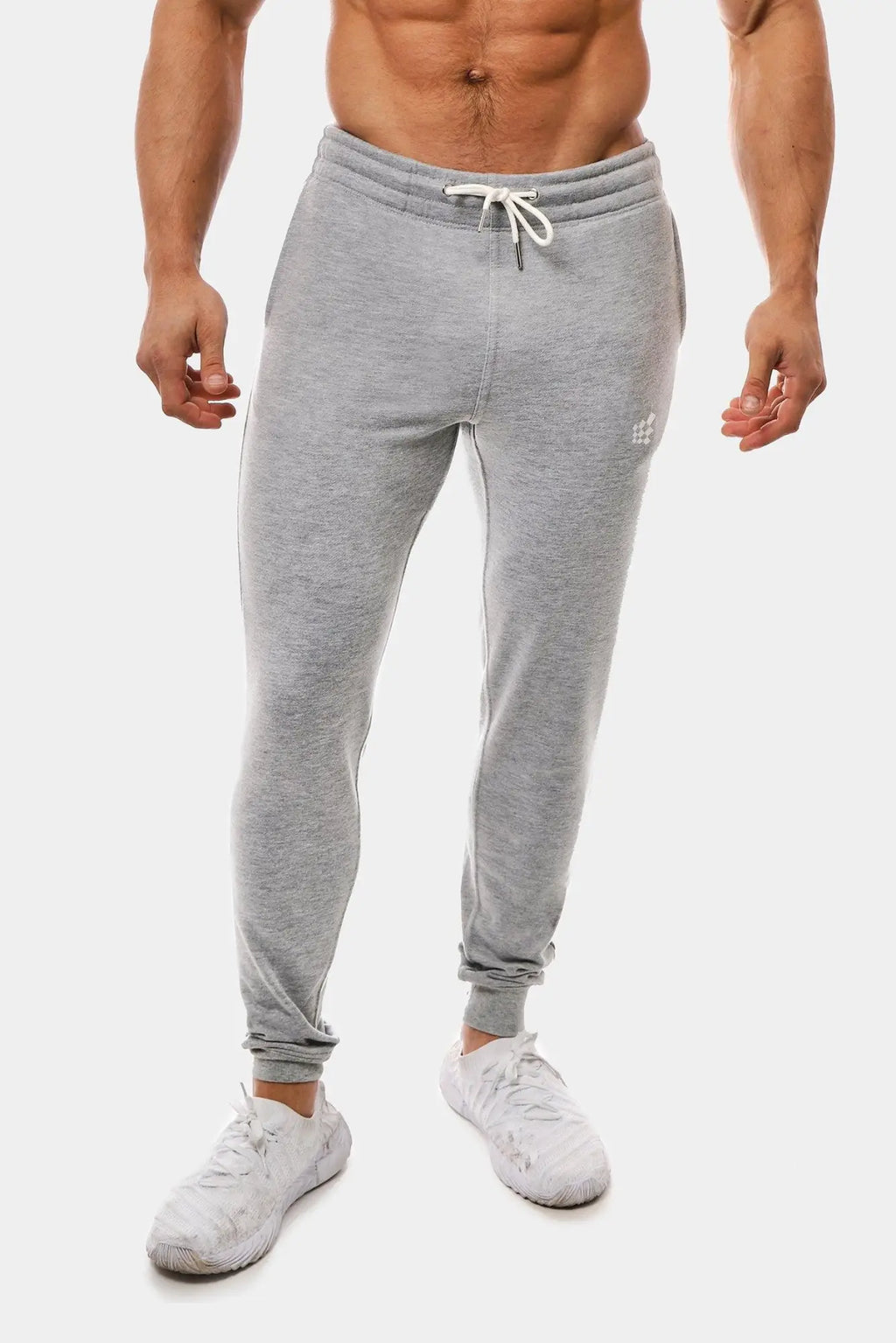 Spirit joggers gray heathered jogger pants with white drawstring and subtle logo on the thigh