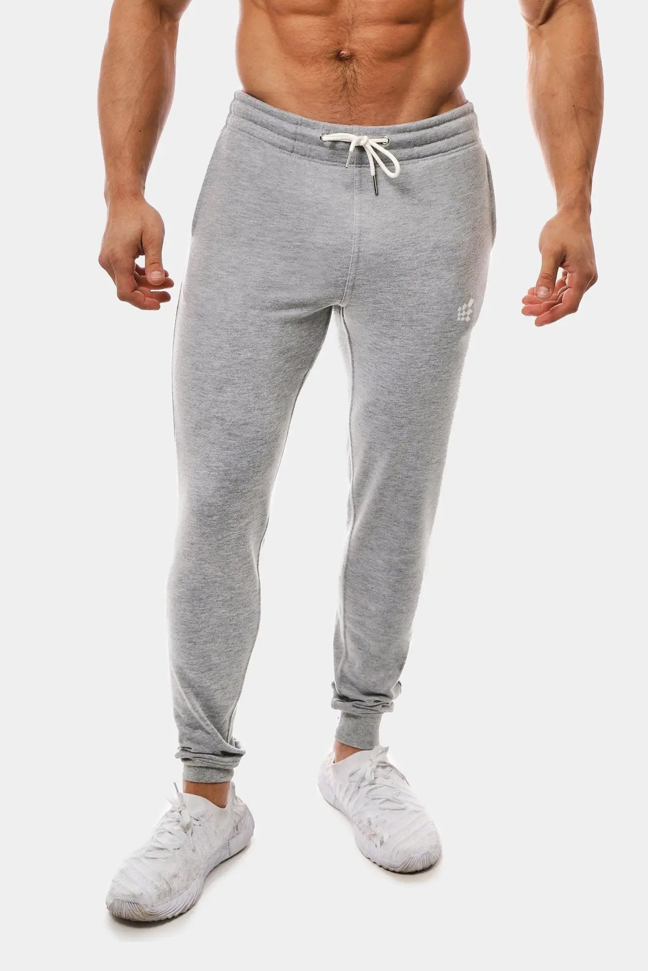 Spirit joggers gray heathered jogger pants with white drawstring and subtle logo on the thigh