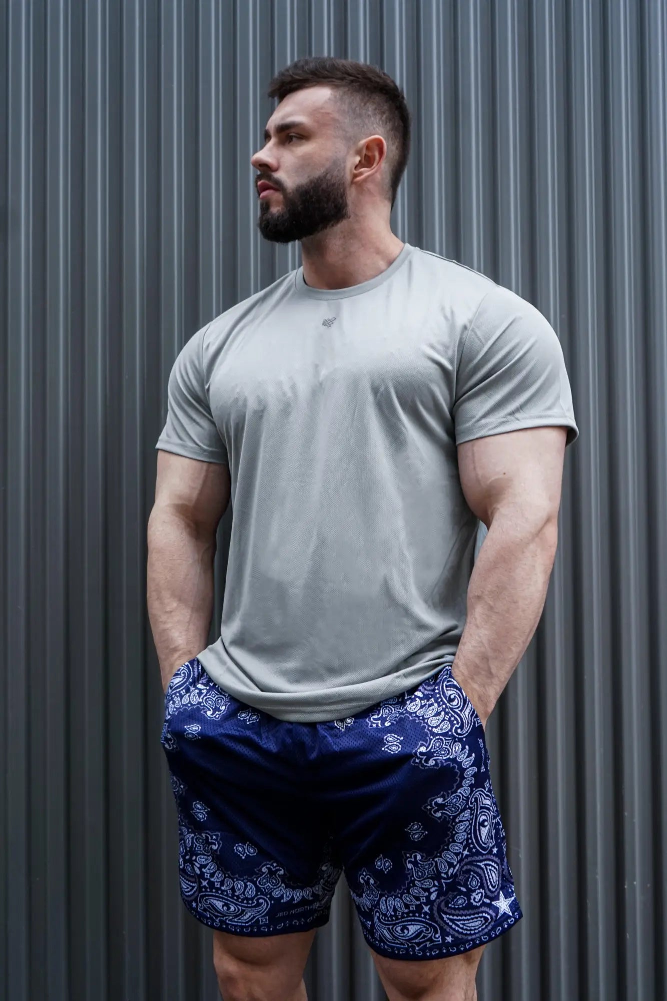 Gray jed north tactical fast-dry training t-shirt with short sleeves and small chest logo in polar silver color