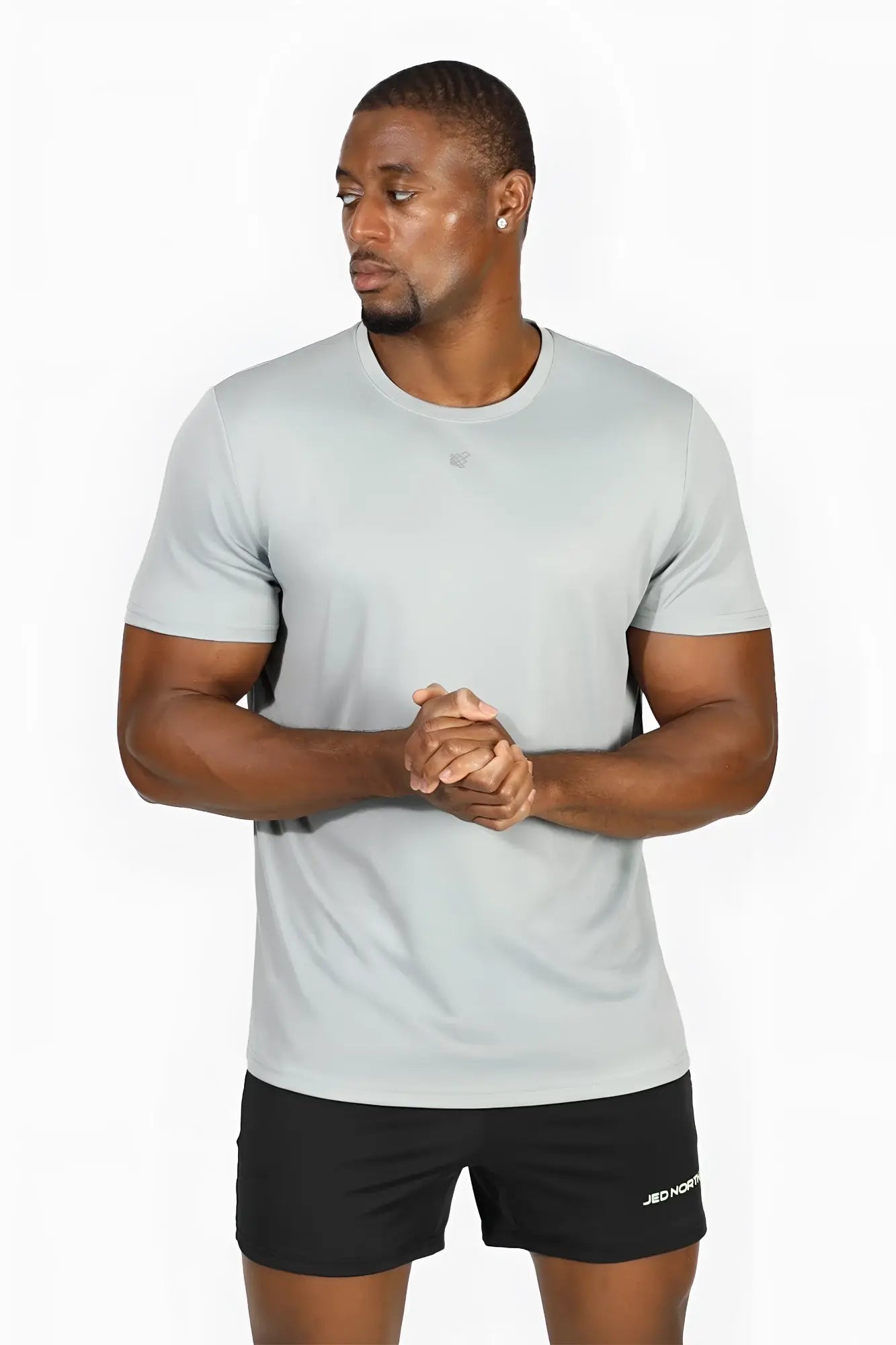 Light gray jed north tactical fast-dry training crew-neck t-shirt with subtle chest logo in polar silver color
