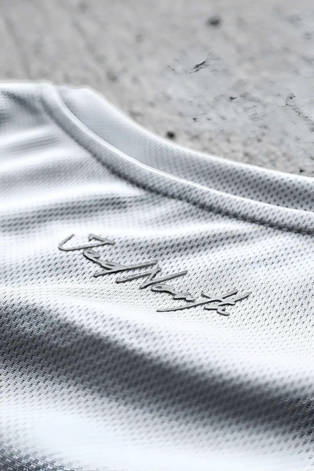 Jed North tactical fast-dry training t-shirt in light gray mesh with subtle silver cursive embroidery on the chest