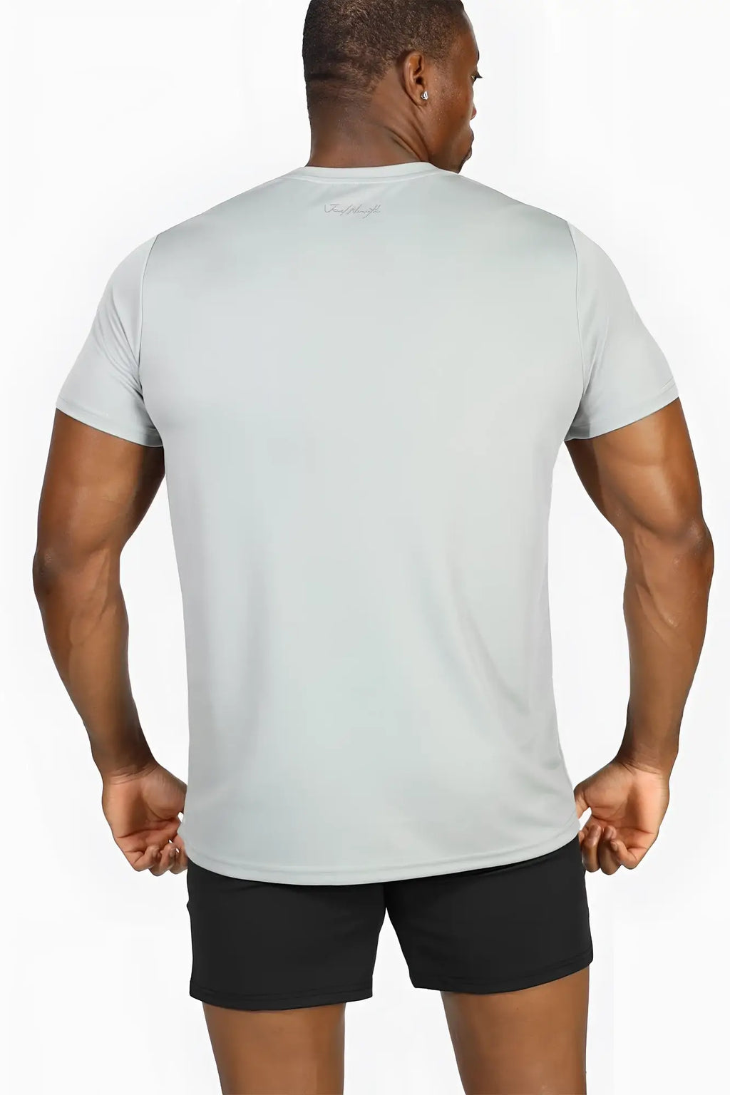 Back side of jed north tactical fast-dry training t-shirt in polar silver light gray with subtle logo on collar