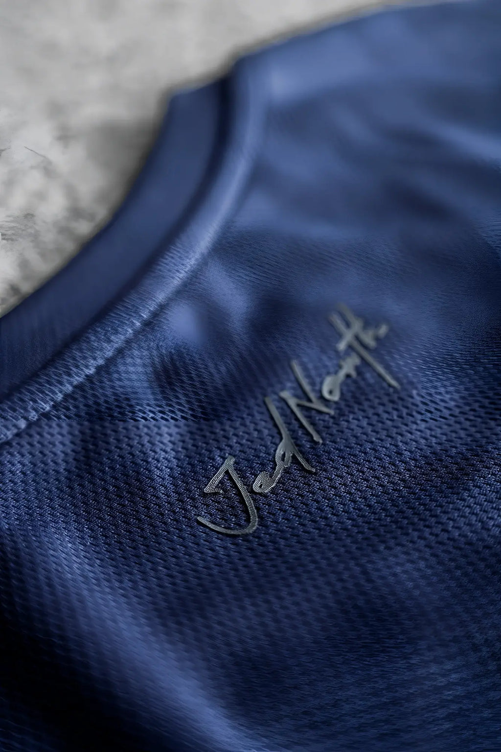 Jed North tactical fast-dry training t-shirt in space blue mesh fabric with metallic silver jennate logo embroidery