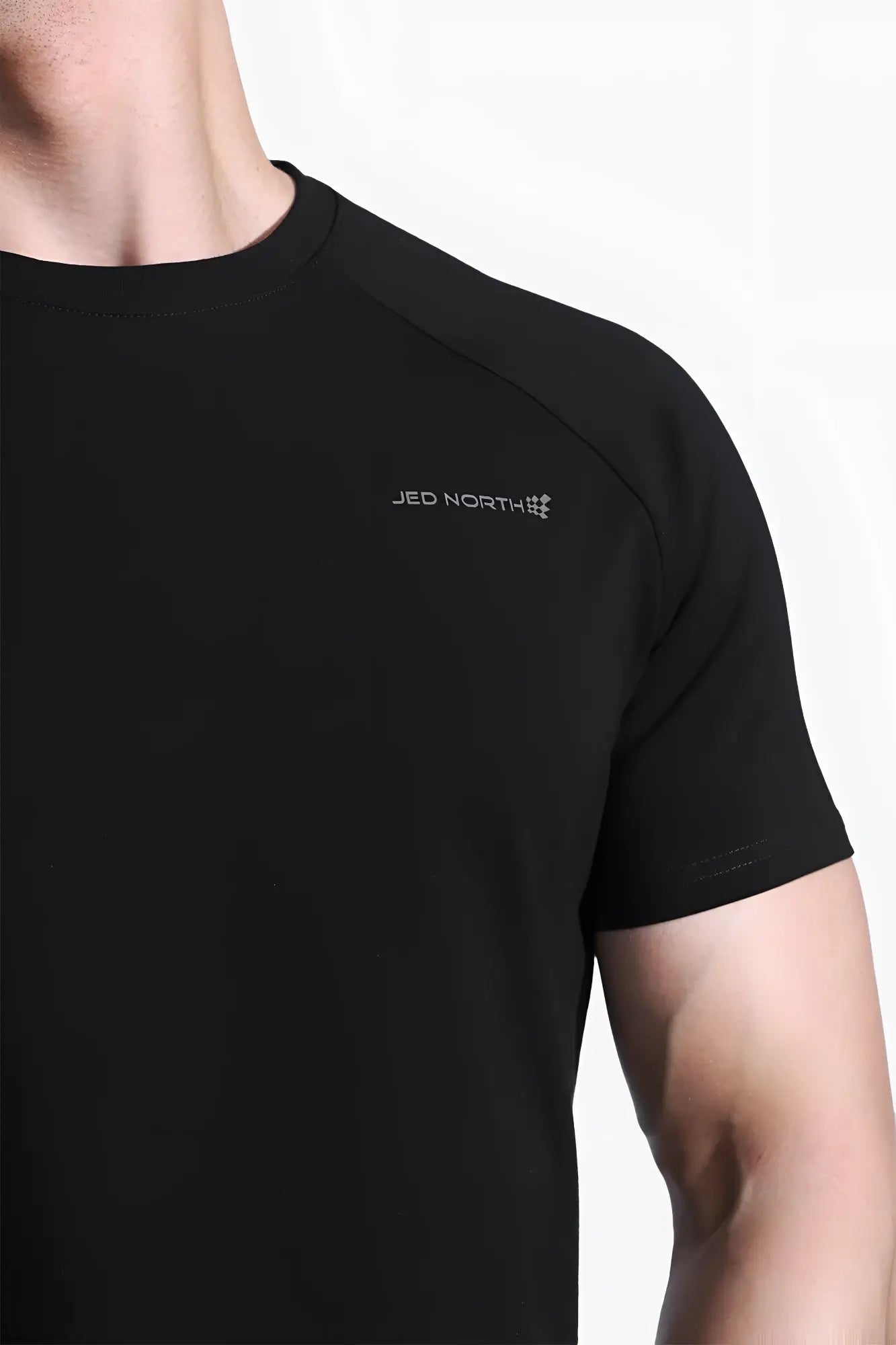 Jed North Titan 2.0 muscle-fit black athletic t-shirt with short sleeves and subtle white Jed North branding on chest