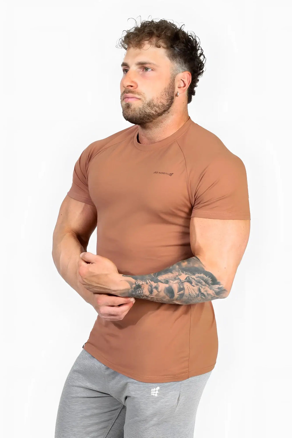 Jed North Titan 2.0 muscle fit t-shirt in copper brown with short sleeves and a subtle chest logo for athletic use