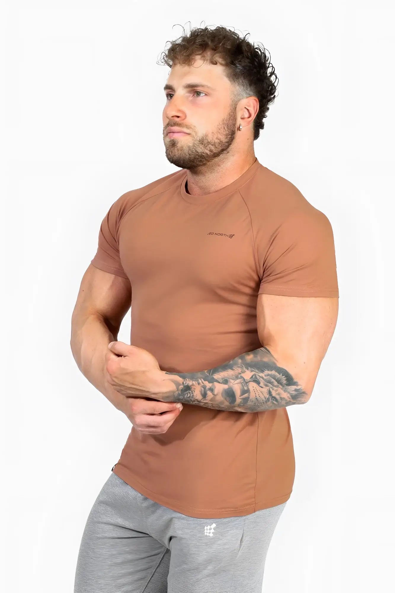 Jed North Titan 2.0 muscle fit t-shirt in copper brown with short sleeves and a subtle chest logo for athletic use