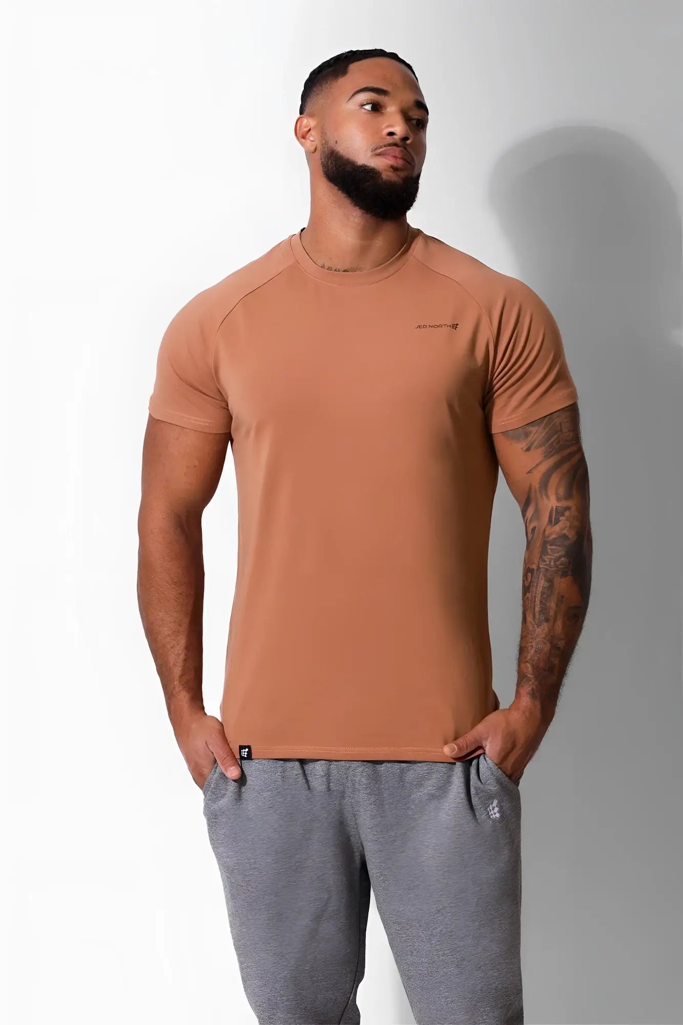 Jed North Titan 2.0 muscle-fit terracotta athletic t-shirt with short sleeves and subtle chest logo for workouts