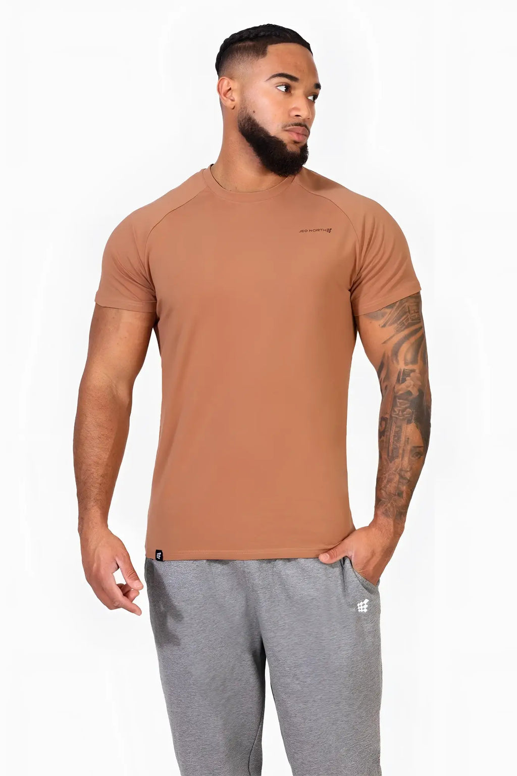 Jed North Titan 2.0 muscle-fit tan short-sleeved fitness tee with subtle chest logo and small hem brand tag