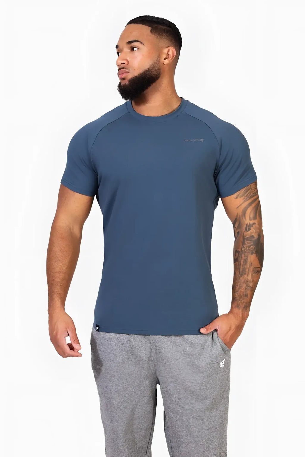 Jed North Titan 2.0 muscle-fit athletic t-shirt in dark teal with short sleeves and subtle chest logo