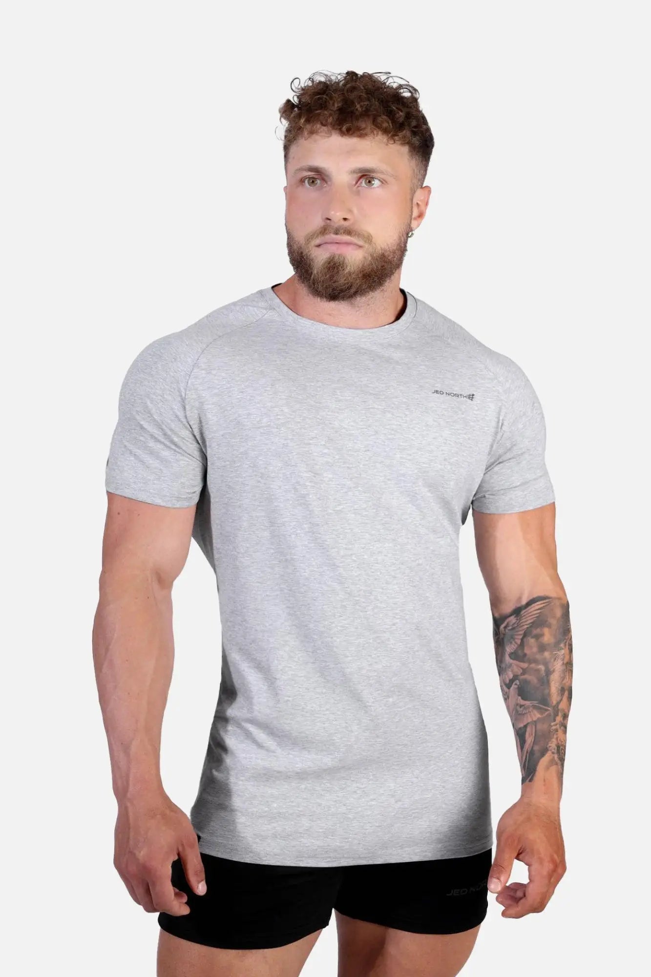 Jed North Titan 2.0 muscle-fit t-shirt in heather gray with short sleeves and a subtle logo on the left chest