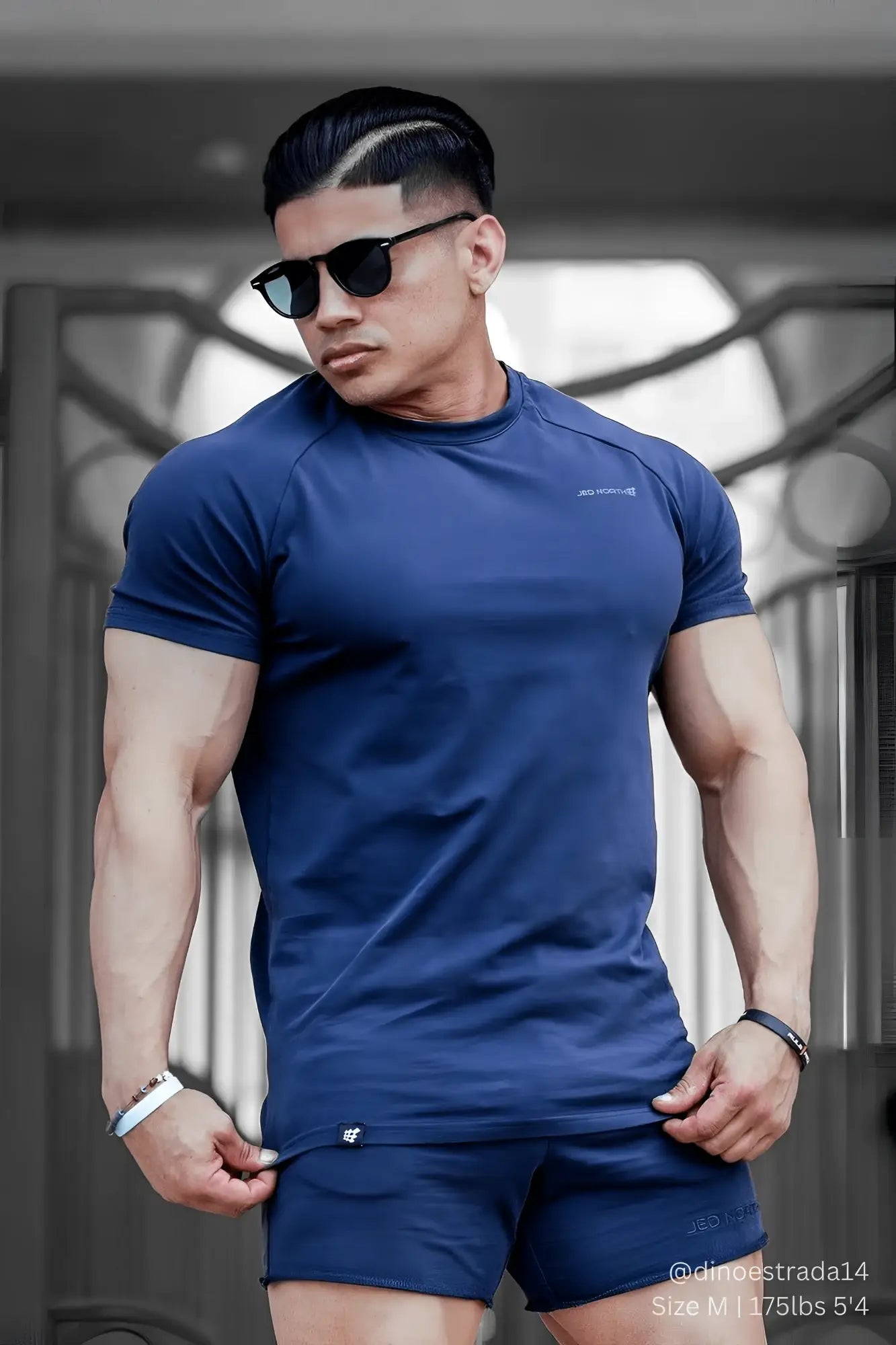 Navy short-sleeved muscle-fit athletic shirt with subtle chest logo jed north titan 2.0 for active wear