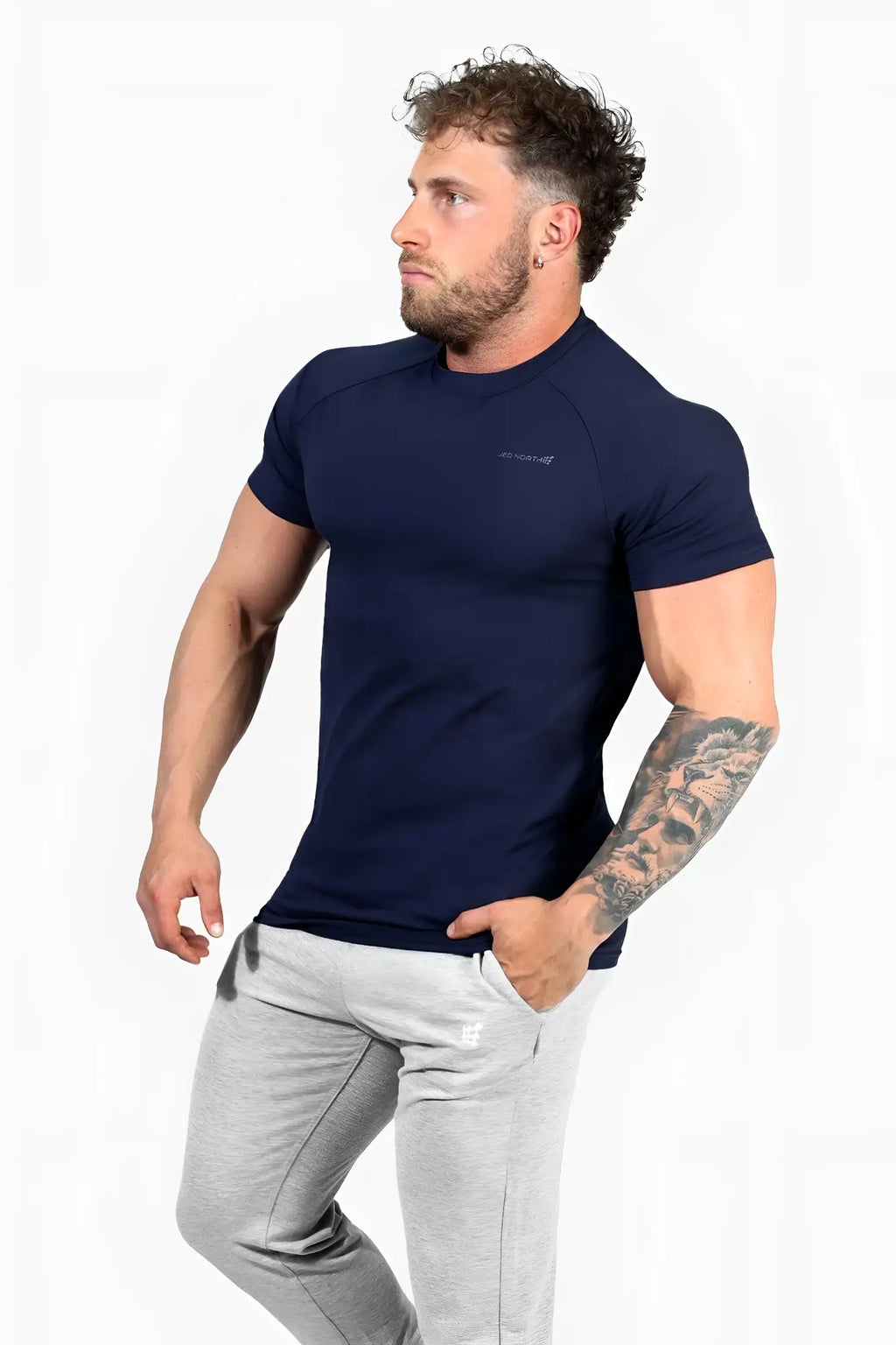 Navy blue short-sleeved muscle-fit athletic t-shirt with a subtle chest logo by Jed North Titan 2.0