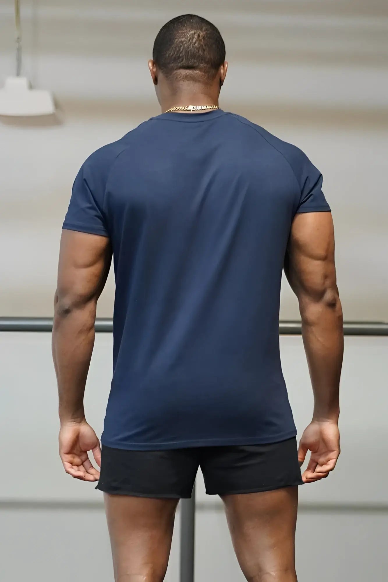 Navy blue short-sleeved muscle-fit athletic t-shirt with raglan sleeves and crew neck by Jed North Titan 2.0