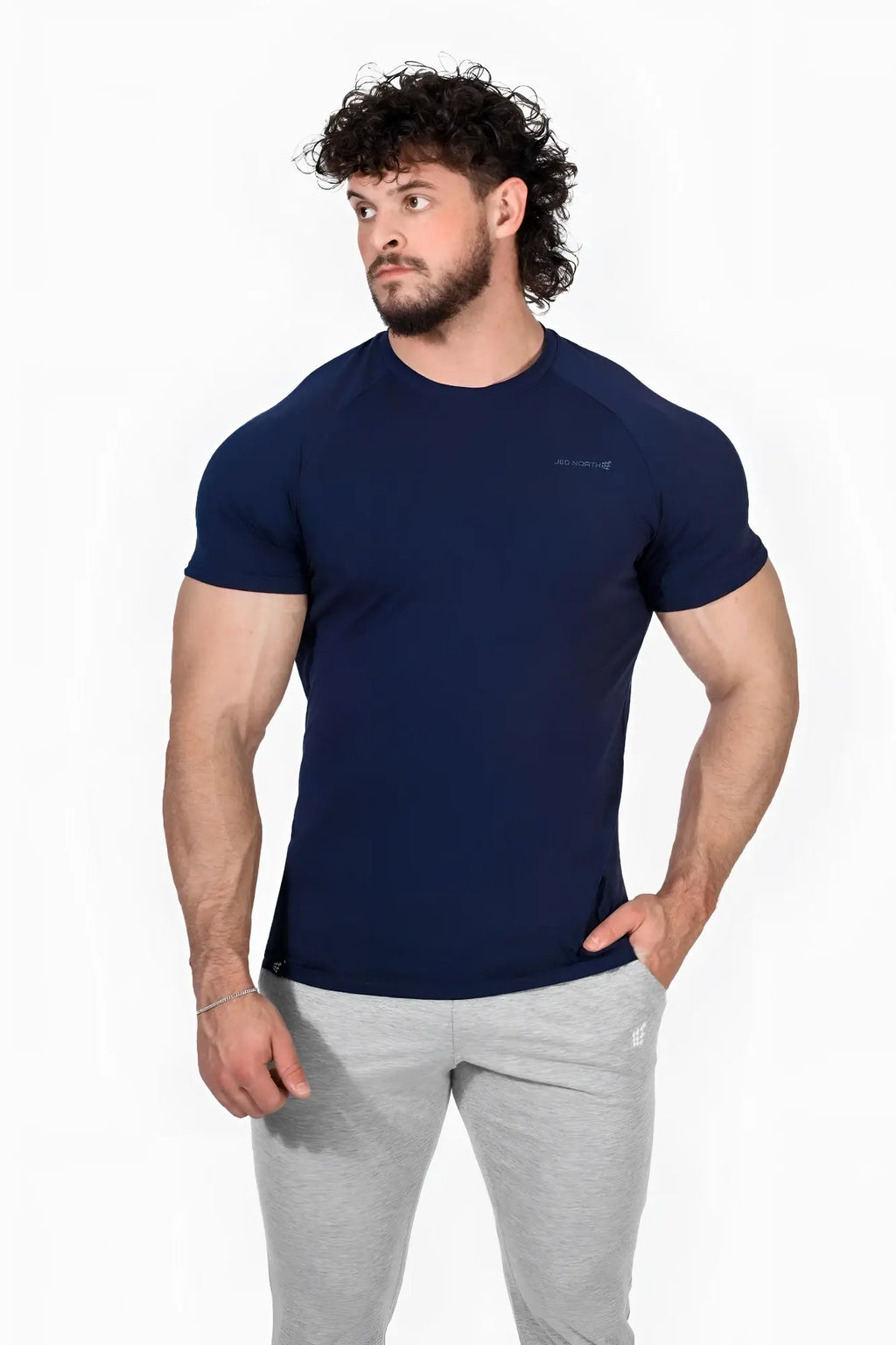 Navy blue Jed North Titan 2.0 muscle-fit t-shirt with short sleeves and subtle chest logo for athletic use