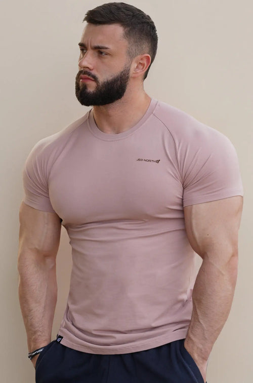 Jed north titan 2.0 muscle fit t-shirt in dusty rose with short sleeves and subtle logo on chest for athletic wear