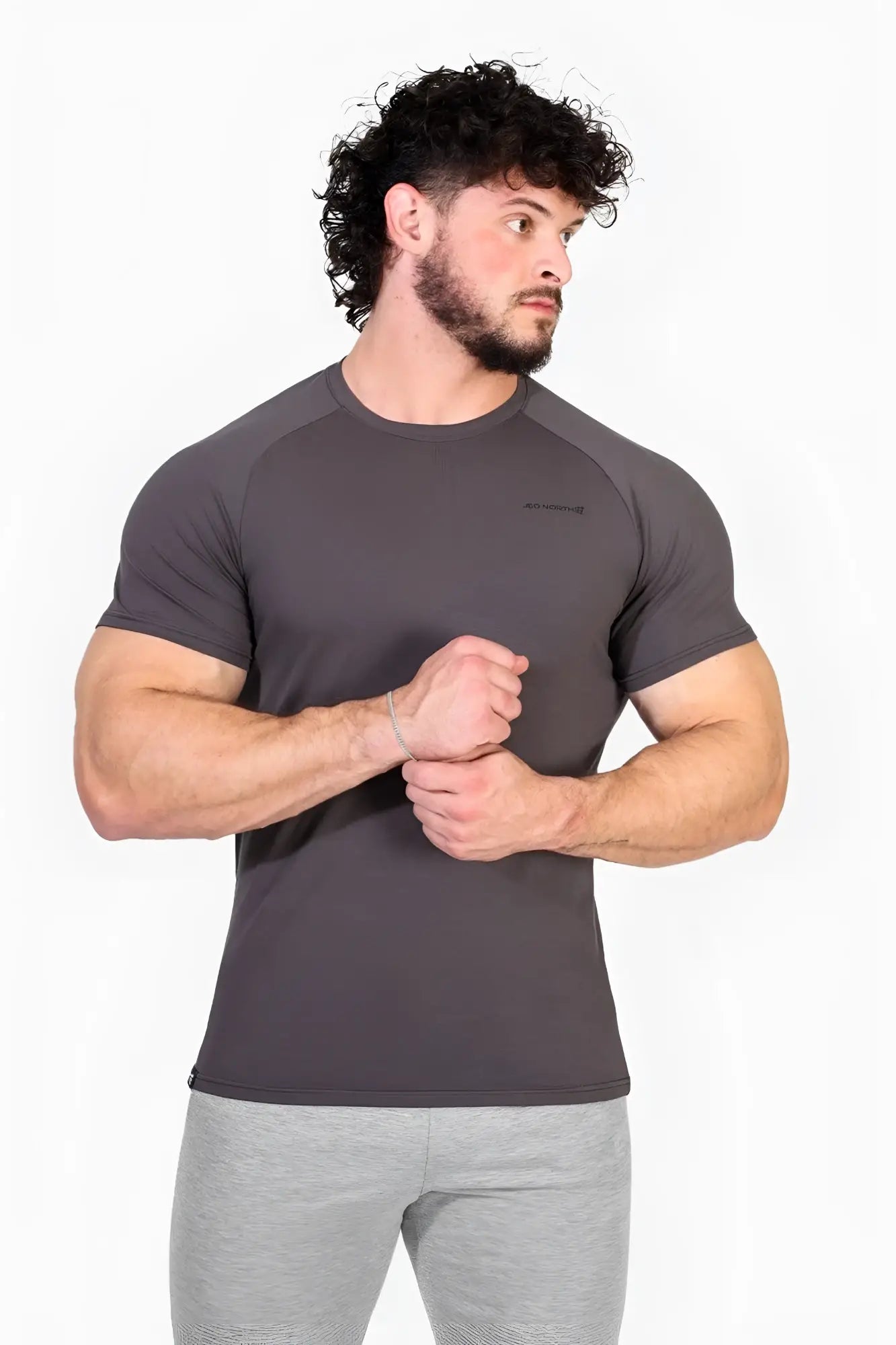 Jed North Titan 2.0 muscle-fit t-shirt in dark gray with raglan sleeves and subtle chest logo designed for athletic wear