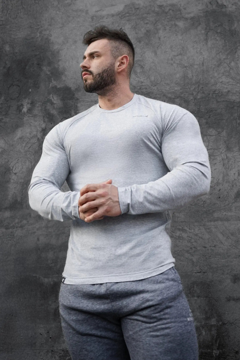 Jed North Titan muscle-fit long sleeve t shirt in platinum gray with crew neck and subtle chest branding