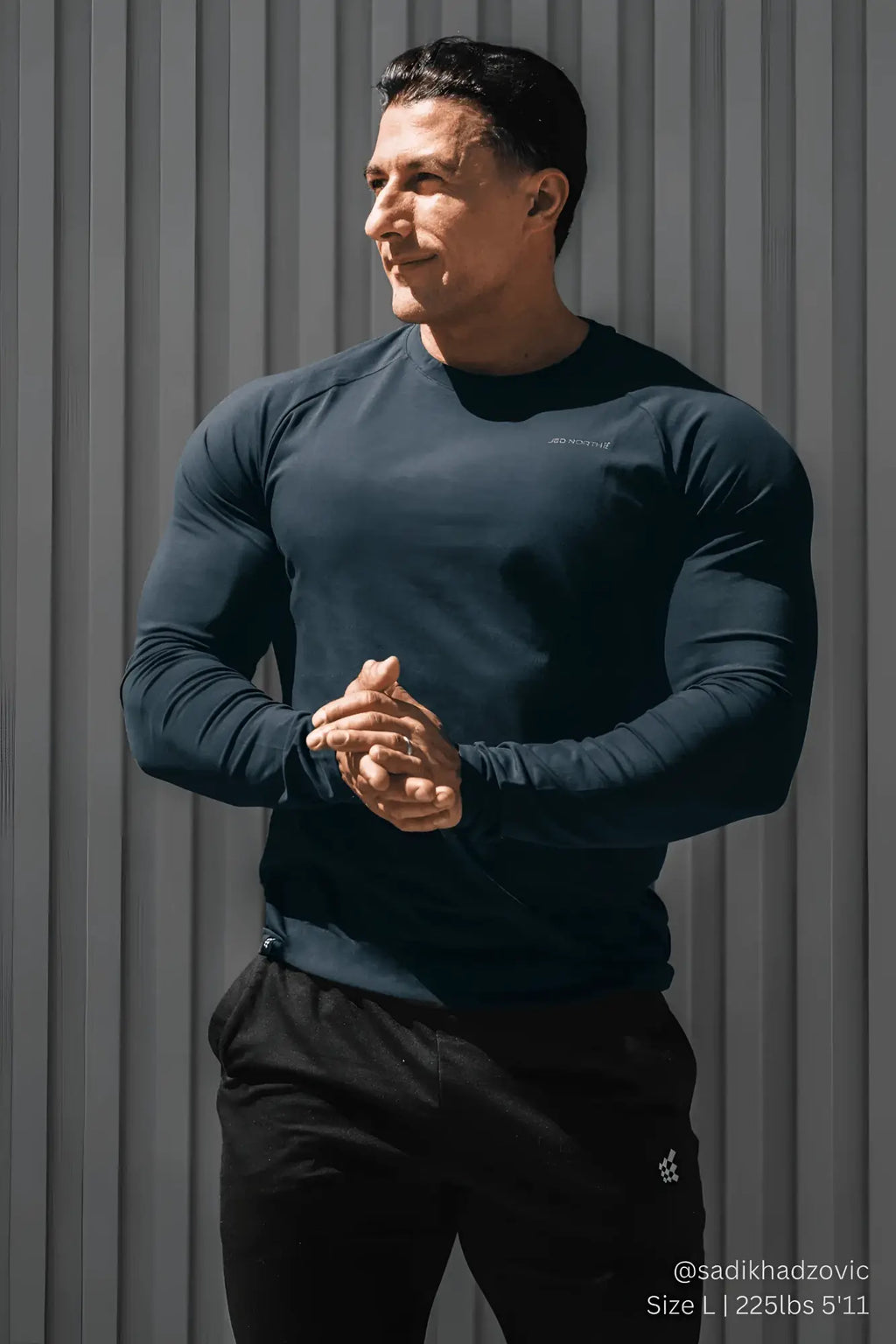 Jed North Titan muscle-fit long sleeve shirt in steel blue with subtle chest logo designed for athletic wear