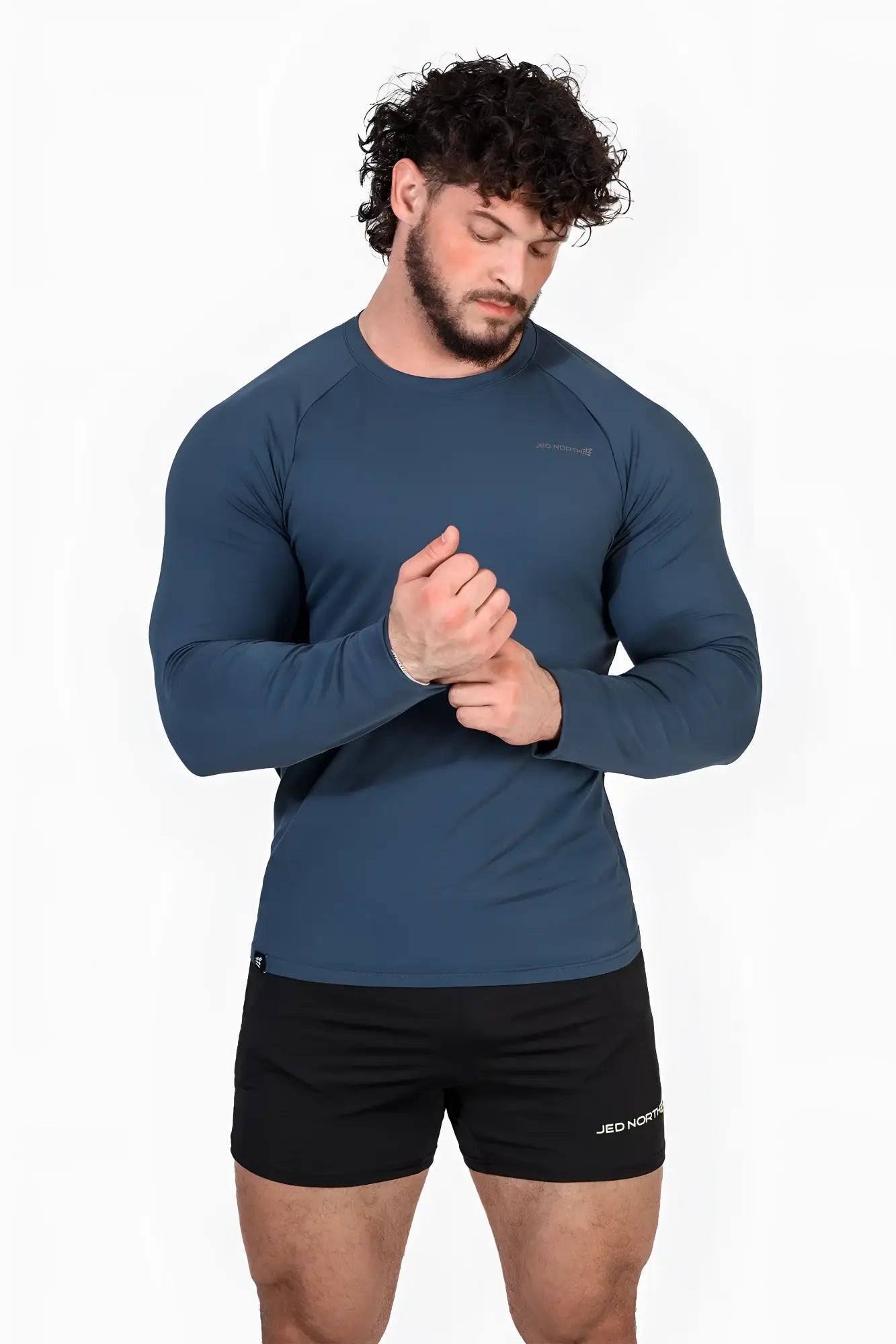 Jed North Titan muscle-fit long sleeve steel blue athletic shirt with crew neck and subtle chest branding