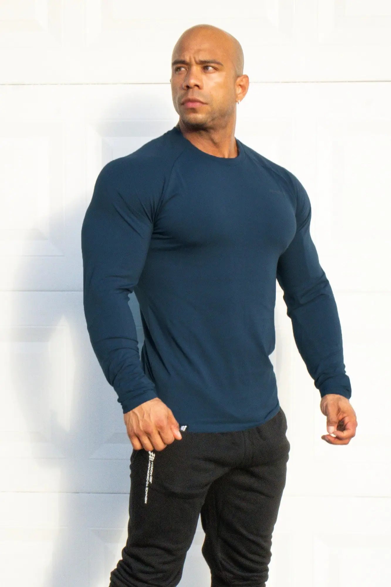 Jed North Titan muscle-fit long sleeve t-shirt in steel blue designed for athletic performance and comfort