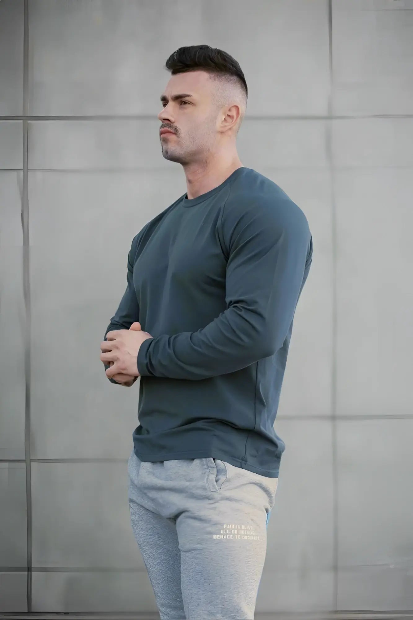 Jed North Titan muscle-fit long sleeve t-shirt steel blue with soft fitted fabric and crewneck design