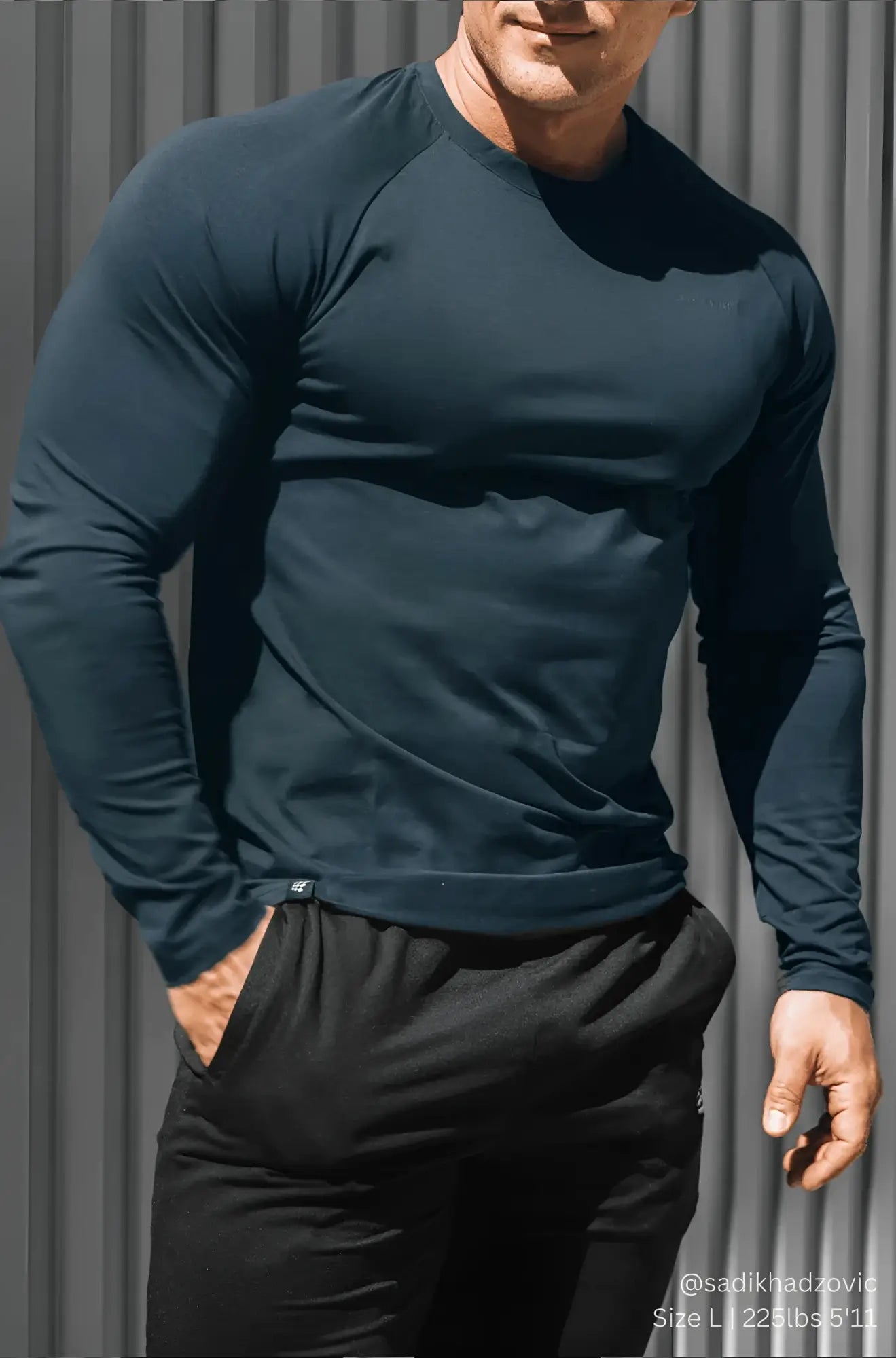 Dark teal jed north titan muscle-fit long sleeve athletic shirt with raglan sleeves and crew neckline steel blue