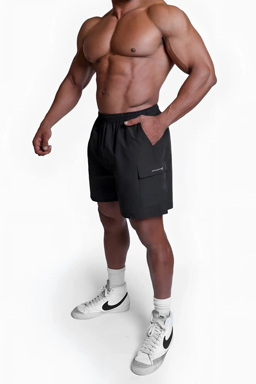 Black trek 4.5 inch cargo shorts with drawstring waistband side pockets and subtle thigh branding