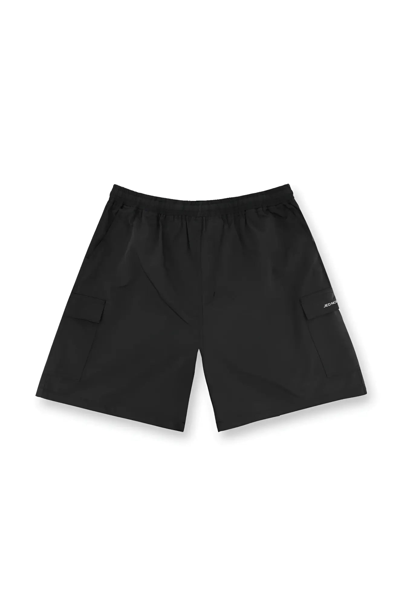 Black trek 4.5 cargo shorts with drawstring waistband, two side pockets, and subtle white branding on left leg