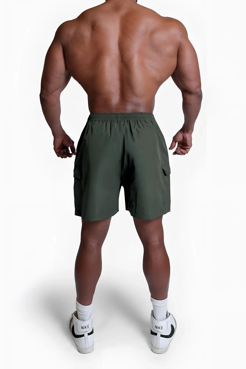 Olive green trek 4.5 inch cargo shorts with side pockets and elastic waistband for outdoor use