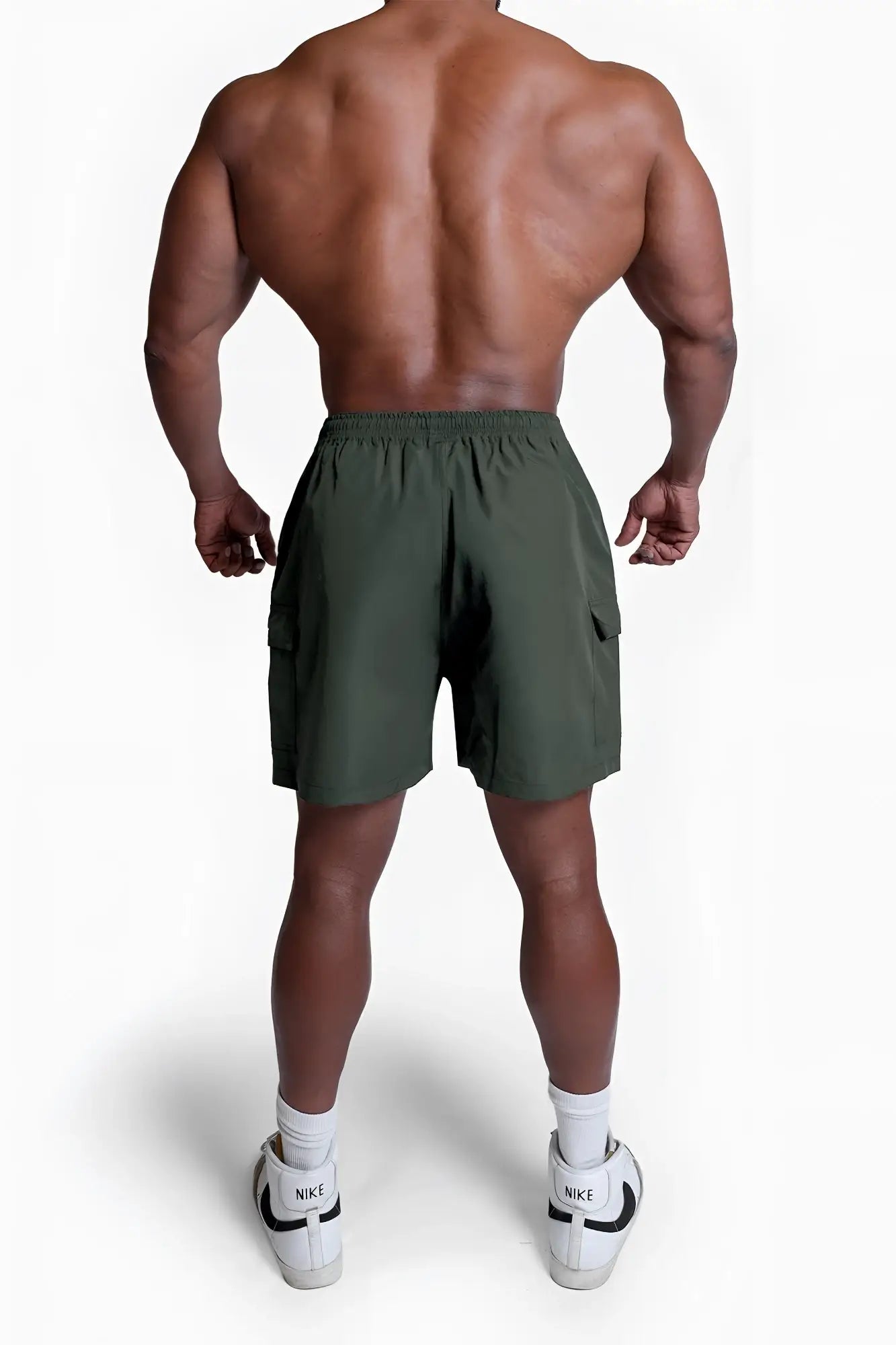 Olive green trek 4.5 inch cargo shorts with side pockets and elastic waistband for outdoor use