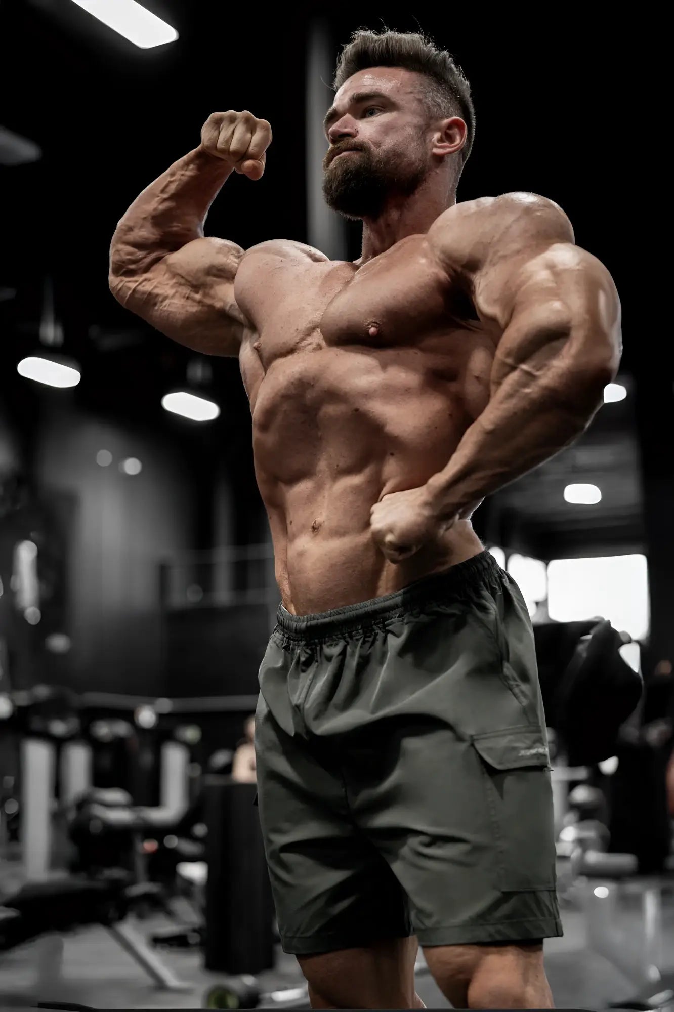 A muscular man wearing dark olive trek 4.5 inch cargo shorts with multiple pockets and durable fabric