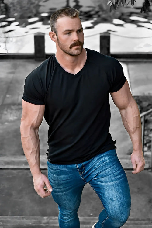Jed North black v neck muscle fit t shirt made of cotton showcasing front view for casual wear