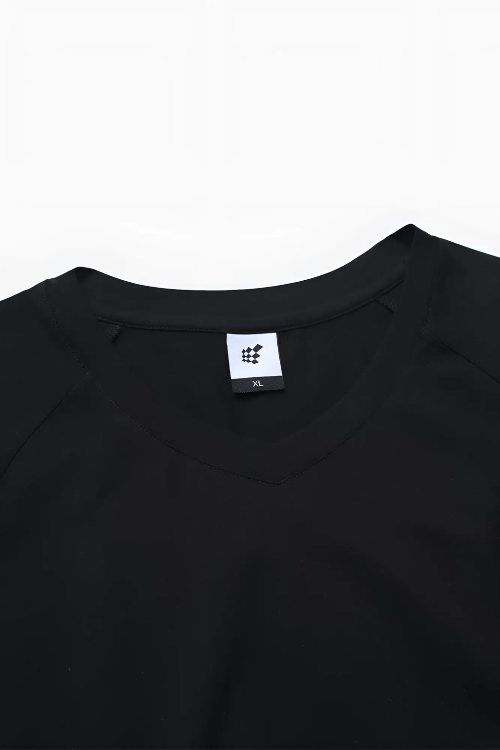 Jed North black cotton v neck muscle fit t shirt with white label and black checkered logo on the front